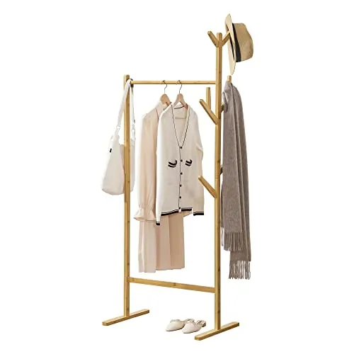 [en.casa] Garderobenständer Nordreisa - Freistehender Bambus Kleiderständer - Garderobenständer aus Bambus mit 8 Kleiderhaken und Kleiderstange für optimalen Stauraum. Ideal für platzsparendes Wohnen und umweltfreundlich.