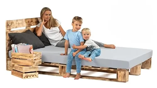 Lermowood Palettenbett M1 aus Holz 200 x 200 cm Geflammt mit Kopfteil Holzbett 20cm Stabiles Seniorenbett Kinderbett Jugendbett Gästebett erhöhtes Einzelbett Bettgestell Futon Komforthöhe Naturholz