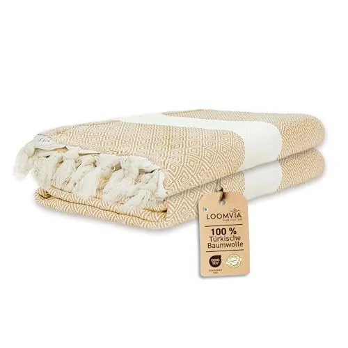 Produktbild Loomvia | 2er Pack | Hamamtuch groß 100x180 aus 100% Baumwolle – Strandtuch, Saunatuch, Badetuch, Saunahandtuch | Saugstark & leicht | Saunatuch Damen & Herren für Strand, Sauna, Bad | Beige