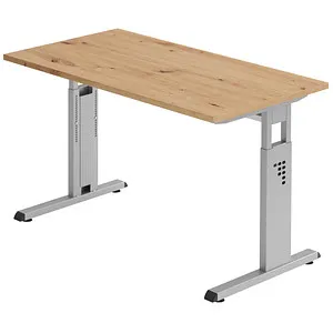 Hammerbacher Schreibtisch O-Serie, höhenverstellbar in asteiche/silber - Kinderschreibtisch mit manuell höhenverstellbarer Funktion, ideal für wachsende Kinder und ergonomisches Arbeiten. Robuste melaminharzbeschichtete Oberfläche für Langlebigkeit.