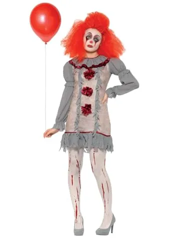 Smiffys Vintage-Clown-Damen-Kostüm, Grau & Rot - Kostüm-Outfits für Erwachsene, inklusive Kleid & Halskrause, ideal für Karneval und Fasching, geprüft nach EU-Sicherheitsstandards, von Smiffys mit 125 Jahren Erfahrung.