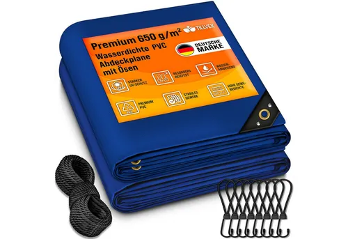 tillvex® Abdeckplane Blau - 2x3 m mit Ösen, Haken & Seil - Premium PVC-Plane 650g/m², wasserdicht und reißfest. Ideal für LKW, Boote und Gartenmöbel. Inklusive 10 Haken & 15m Seil für sicheren Halt.