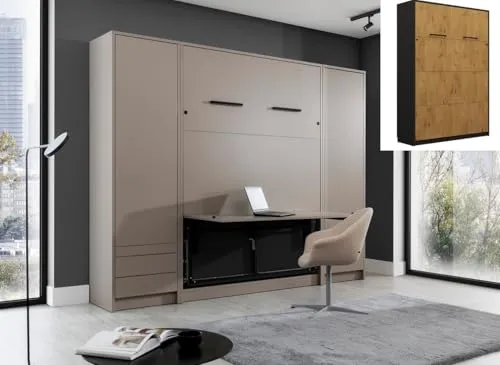 QMM Schrankbett Wandklappbett GN 140x200 mit Schreibtisch - Modernes Schrankbett mit integriertem Schreibtisch und 2 Schränken in 4 Farben. Hochwertiges Gasdruckfeder-System für müheloses Aufstellen. Ideal für platzsparendes Wohnen im Schlafzimmer.