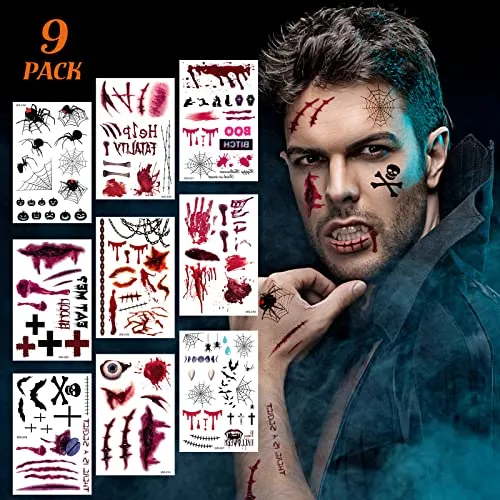 Tattoo Halloween, Narben Premium Wasserdichte Temporäre Tattoos Aufkleber für Halloween Kostüm Makeup mit Gefälschten Schorf Blut, 9 Blatt Realistisches Motiv Verschiedenes Design