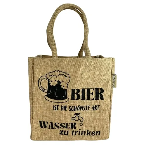 Domelo Jute Flaschentasche. Geschenke für Männer. Bierträger/Flaschenträger mit Trennwänden für 6 Flaschen. kleine Einkaufskorb. Lustige witzige Bier Männerhandtasche (Natur/Bier-Wasser)