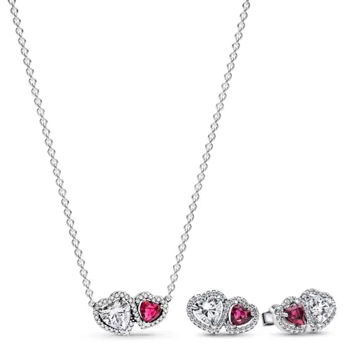 Pandora Schmuckset Halo Herzen Zweifarbig - Elegantes Schmuckset für Frauen, bestehend aus einer Halskette und Ohrsteckern aus 925 Sterlingsilber mit funkelnden Zirkonia und Kristall-Herz, ideal als Geschenk.