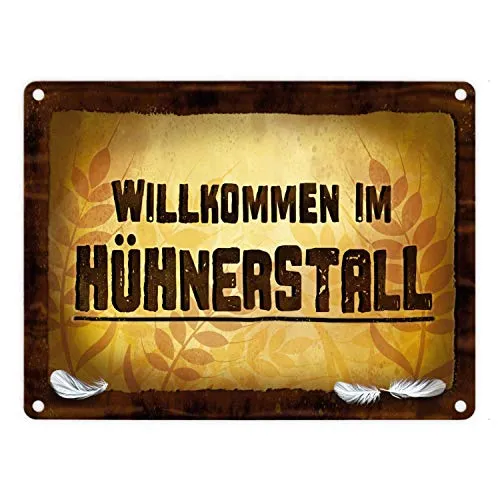 Huhn Metallschild mit Stall Motiv und Spruch: Willkommen im Hühnerstall Hahn