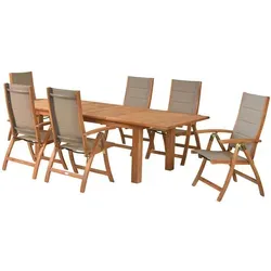 Merxx Acapulco Set 7tlg. – Gepaddete Klappsessel und Doppelausziehtisch - Gartenmöbel-Set mit 6 gepolsterten Klappsesseln und einem ausziehbaren Tisch (180-260 cm) aus geöltem Akazienholz für höchsten Sitzkomfort und vielseitige Nutzung.