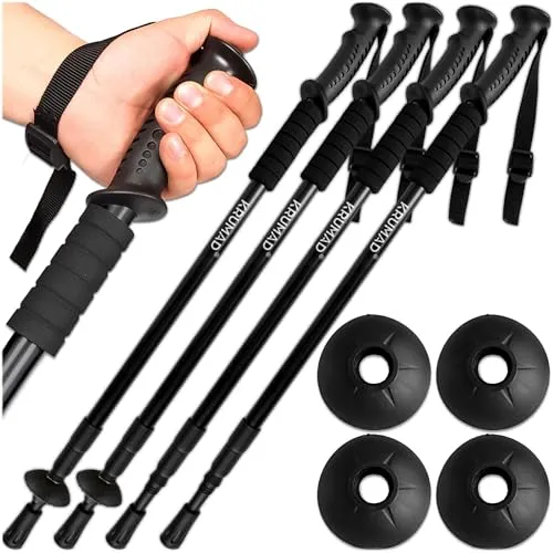 KRUMAD Nordic Walking Stöcke, Wanderstöcke, Trekkingstöcke, Training | Verstellbar 64-134 cm, Leichte, aus Aluminium, mit Gummipuffer, Handgelenkriemen, Stoßfest, Rutschfest, gute Haftung, Schwarz