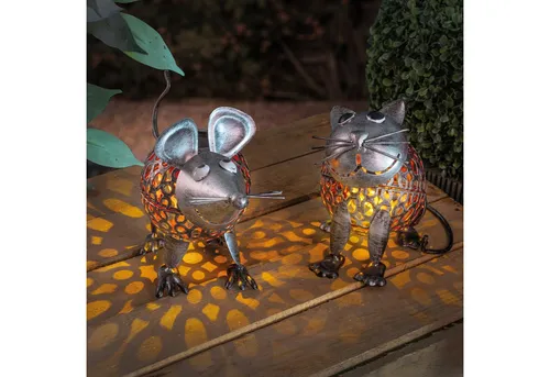 esotec Gartenfigur Metall Solar-Dekoleuchten Katze & Maus silber 3000K Gartendeko 103100