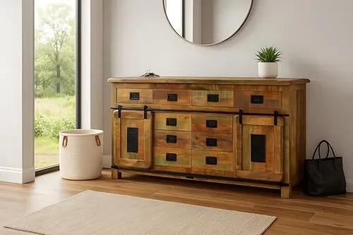 SAM Sideboard Libro III, Mangoholz massiv + bunt, Kommode mit 2 Holzschiebetüren, 10 Schubladen & 2 offenen Fächern, Türelemente, Griffe & Reling aus Eisen, 200 x 90 x 45 cm, Shabby Chic