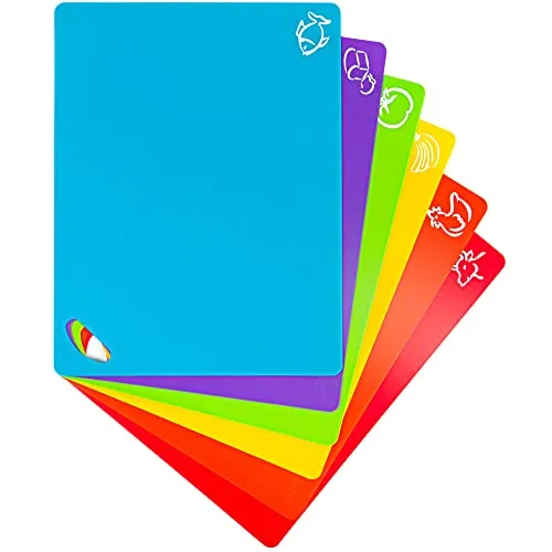 Extra dicke, flexible Kunststoff-Schneidebrett-Matten, 6 Stück - Hackbretter, robust und langlebig mit Waffelrückseite für rutschfesten Halt, spülmaschinenfest und farbcodiert zur Vermeidung von Kreuzkontamination.