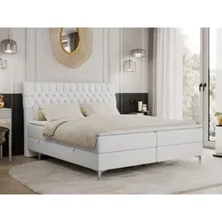 Boxspringbett 160x200 mit 2 Bettkästen - MILEN, Weiß Kunstleder - Bequemes Boxspringbett mit 7-Zonen-Taschenfederkernmatratzen und zwei Bettkästen für optimale Stauraum. Der robuste Polsterstoff ist flecken- und feuchtigkeitsabweisend.