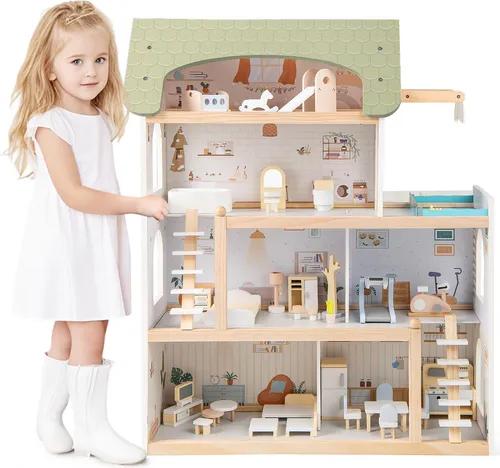 COSTWAY Puppenhaus Holz mit Balkon & Pool
