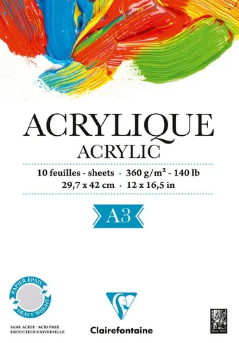 CLAIREFONTAINE Zeichenpapier Clairefontaine Acrylmalblock A3 360g kopfgel. 10Bl