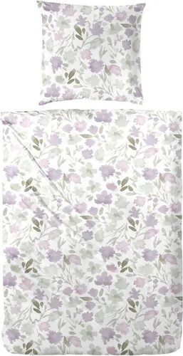 Primera Perkal Bettwäsche Set 155x220 - Blumenmuster in Lila, Grün und Weiß - Bettwäsche-Set aus feinem Perkal, 2-teilig mit 100% Baumwolle, atmungsaktiv und hautfreundlich. Ideal für einen erholsamen Schlaf und pflegeleicht bei 60°C waschbar.