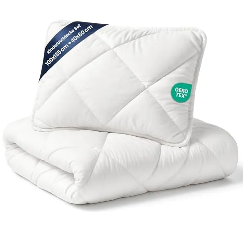 Baby Bettdecke und Kissen Set 100x135 cm - Oeko-Tex zertifiziert - Bettdecken für Kinderbetten, kuscheliger Schlafkomfort mit atmungsaktiver Füllung, ideal für ganzjährigen Einsatz und pflegeleicht bei 60 °C waschbar.