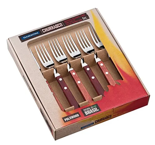 Tramontina Steakgabel Set Jumbo, 6-teilig - Tafelgabeln aus rostfreiem Edelstahl mit FSC-zertifiziertem Holzgriff, spülmaschinenfest und robust, ideal als Geschenk in einer eleganten Box.