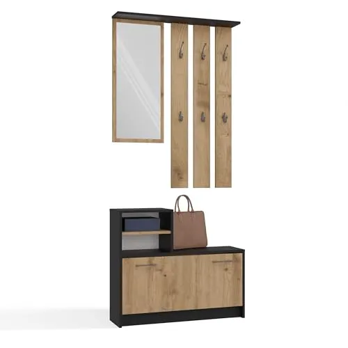 CDF Garderobe Vera - Modernes Design in Anthrazit und Eiche Artisan - Garderoben Komplettprogramme mit großem Spiegel, geräumigem Schuhschrank und praktischen Ablagen, ideal für Diele und Flur.