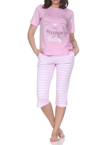 Normann Damen Kurzarm Capri Schlafanzug Pyjama in Katzen Optik - auch in Übergrößen, Farbe:rosa, Größe:48-50