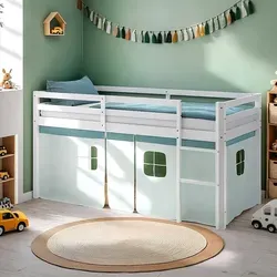 Homestyle4u Kinder Hochbett 90x200 mit Lattenrost und grünem Vorhang - Stabiles Hochbett aus massivem Kiefernholz mit 75 cm Spielhöhe, abnehmbaren Baumwollvorhang und Sicherheitsumrandung für einen sicheren Schlafplatz und viel Platz zum Spielen.