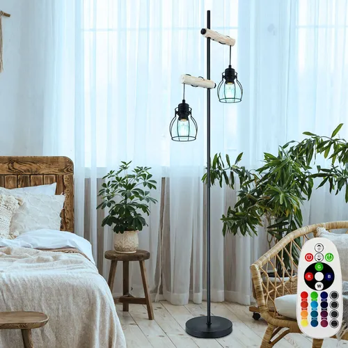 Stehlampe Vintage Holz Stehleuchte Industrial Design - Stehleuchten mit höhenverstellbarem, rustikalem Design aus Metall und Holz. Inklusive 2x RGB LED Leuchtmittel und Fernbedienung für stimmungsvolle Beleuchtung in 16 Farben.