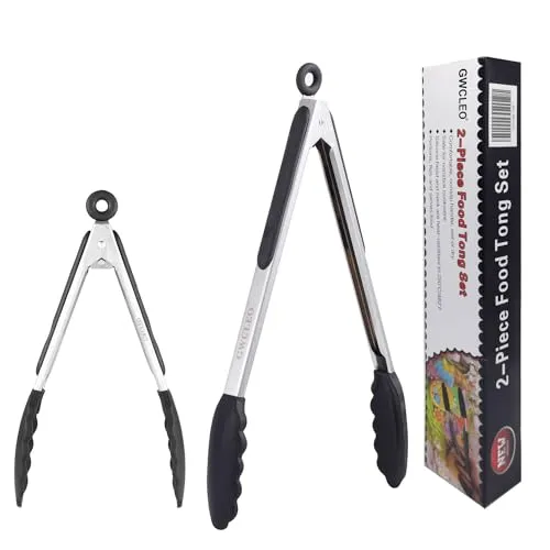 Küchenzangen,GWCLEO Grillzangen aus Edelstahl und Silikon,Salatzangen mit Kratzfesten Silikonspitzen,Servierzangen mit Rutschfeste Silikongriff Einfach zu Greifen für Komfort (Schwarz,9 und 12-Zoll).