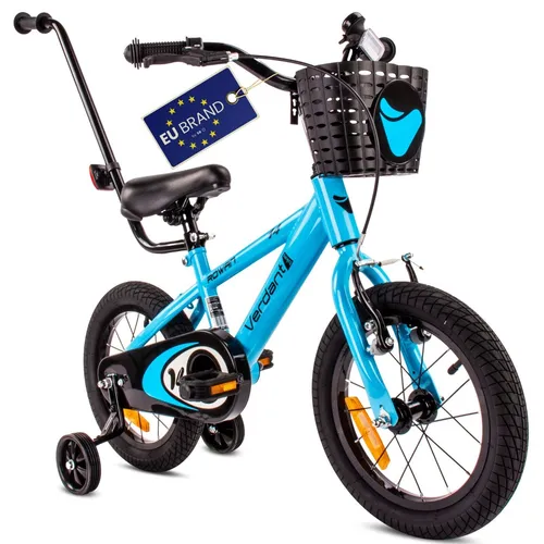 Kinderfahrrad Verdant Rowan 14 Zoll Blau mit Stützrädern - Kinderfahrrad für Jungen mit stabilen Stützrädern und Schubstange, ideal für 3-7 Jahre, fördert die Sicherheit und das Vertrauen beim Fahren.