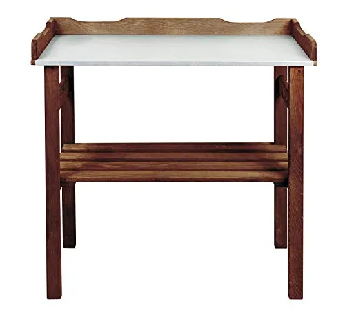 mgc24® Pflanztisch mit verzinkter Arbeitsplatte - 78x38x82cm aus Kiefernholz Dunkelbraun, mit Abstellboden / 3 Haken - für Garten Balkon Terrasse