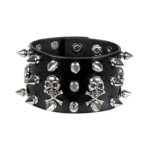 Boland 64518 - Armband Biker, 1 Stück, Einheitsgröße, Schwarz, Lederlook, Nieten, Totenköpfe, Rocker, Punker, Modeschmuck, Armkette, Accessoire, Kostüm, Verkleidung, Karneval, Mottoparty