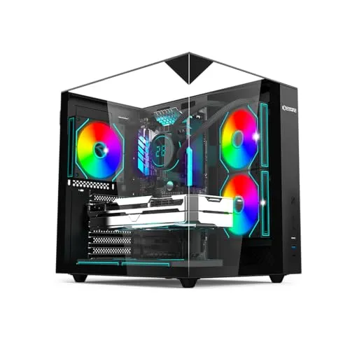 EMPIRE GAMING EC253 PC-Gehäuse Cube ATX/mATX/ITX, Panorama-gehärtetes Glas, 3 vorinstallierte ARGB-Lüfter + Controller, 330mm GPU, 168mm Lüfter, 240mm Watercooling, USB-C (Schwarz)