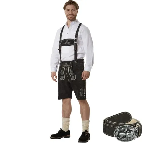 dressforfun Echtleder Lederhose kurz - Trachtenlederhosen für Herren im Vintage Look - Trachtenlederhosen für Herren, aus robustem Rindspaltleder mit verstellbaren Hosenträgern und Trachtengürtel, ideal für Oktoberfest und Volksfeste.