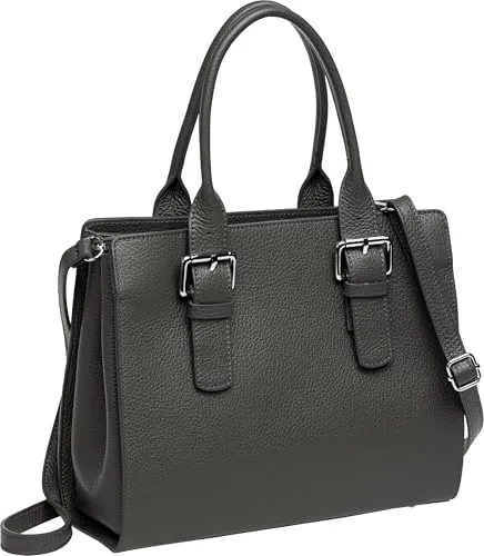 Caspar Klassisch Elegante Leder Handtasche Damen Kelly Bag mit Schultergurt - PREMIUM LINE - Modell No.807 - Made in Italy, Farbe:dunkelgrau, Größe:One Size