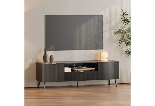 Fernsehschrank ‘Nand’ mit Schublade und 2 Türen – Modernes Design in Schwarz - Eleganter Fernsehschrank mit praktischem offenen Fach und Schublade. Ideal zur Aufbewahrung von Mediengeräten, bietet er eine stilvolle Lösung für Ihr Wohnzimmer und sorgt für eine ordentliche Kabelführung.