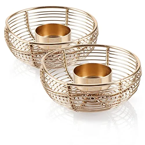 com-four® 2X Teelichthalter aus Metall - dekorativer Kerzenständer - Draht-Windlicht - Kerzenhalter als Raumdekoration - Wohnaccessoire - Korb-Kerzenleuchte (goldfarben - 2 Stück)