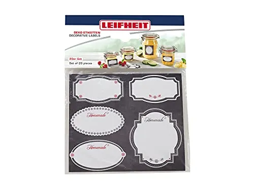 Leifheit Deko Etiketten Schwarz-Weiß, 20 Selbstklebende Etiketten in 2 verschiedenen Formaten für große und kleine Gläser, zum Beschriften, dekorative Aufkleber für Selbstgemachtes und Eingemachtes