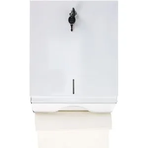 Handtuchspender Metall, weiß für 500 Blatt Falthandtücher - Praktischer Handtuchspender aus Metall, abschließbar und mit Füllstandsanzeige. Ideal für öffentliche Toiletten und Küchen, passend für 500 Blatt Falthandtücher.