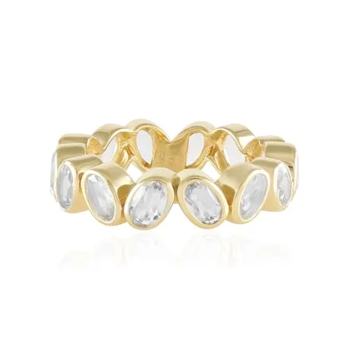 Cavill Weißer Quarz Ring 14 Steine 4,41 ct Ovalschliff aus Brasilien 925 Sterling Silber Vergoldet Modern gewundenes Design Breiter Damenring Schmuck in Goldfarben