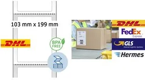 DHL-Versandetiketten 103x199mm - 1100 Stück - Hochwertige Thermodirekt-Falzetiketten für DHL-Versand, schnell haftend und kompatibel mit gängigen Druckern. Ideal für effizientes Etikettieren in der Logistik.