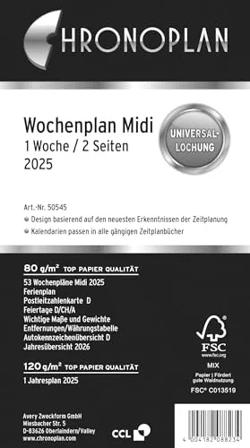 Chronoplan 50545 Kalendereinlage 2025 (Wochenplan Midi (96x172mm) Ersatzkalendarium für Terminplaner, ideal für detaillierte Wochenplanung, 1 Woche auf 2 Seiten in Spalten, mit Universallochung) weiß