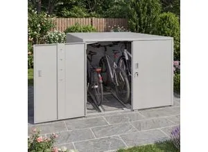 MCW Fahrradgarage - hellgrau, Metall, 148x124x208 cm - Die abschließbare Fahrradgarage für bis zu 3 Fahrräder bietet zuverlässigen Schutz vor Witterung und Diebstahl. Mit stabiler Stahlkonstruktion, verstellbaren Haken und platzsparendem Design ideal für Garten oder Hof.