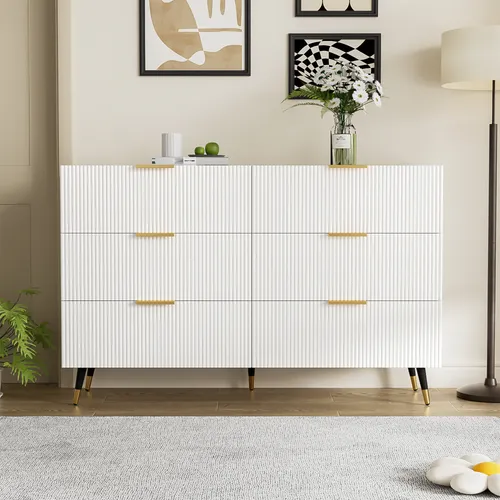 Merax Kommode mit goldenen Griffen und Metallbeinen, 6 Schubladen, modernes Design, 120x77x40cm, Weiß