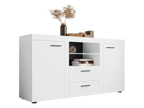 Mirjan24 Kommode Rango mit Glasboden – Hochwertiges Highboard in Weiß - Elegante Kommode mit 2 Schubladen und 2 Türen für vielseitige Nutzung. Stilvolles Design aus Laminatplatte, optional mit LED-Beleuchtung. Ideal für jedes Wohnzimmer!
