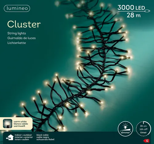 Kaemingk Lumineo Cluster Lichterkette 3000 LED warmweiß 28m schwarz - Lichterkette mit 3000 warmweißen LEDs, 5-Stufen-Dimmfunktion und 8-Stunden-Timer für romantische Atmosphäre im Innen- und Außenbereich. Wetterbeständig (IP44) und ideal für Weihnachtsbäume und Dekoration.
