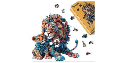 FiguredArt HNWP805 - Holzpuzzle Löwe und Junges, 200 Teile - Puzzle für Erwachsene & Kinder ab 10 Jahren, aus robustem Holz mit brillanter Druckqualität für eindrucksvolle Ergebnisse und entspannende Stunden.