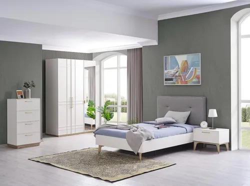 Kinderzimmer Garnitur 4tlg. Weiß Holz – Bett Set mit Kleiderschrank und Kommode - Praktische 4-teilige Garnitur für das Kinderzimmer: Bett, Kleiderschrank, Kommode und Nachttisch. Robustes Holzdesign, ideal für eine stilvolle und funktionale Einrichtung.