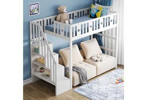 Odikalo Hochbett Kinderbett mit Lagertreppe 90/140x200cm in Weiß/Natur - Das Odikalo Hochbett kombiniert Schlafplatz und Stauraum ideal für kleine Kinderzimmer. Mit stabiler Massivholzkonstruktion und integrierter Treppe für extra Sicherheit und praktischen Stauraum.