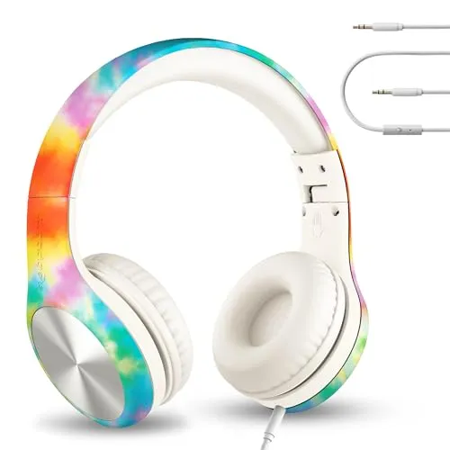 LilGadgets Connect+ Pro Schulkopfhörer für Mädchen sind EIN faltbares Over-Ear-Headset mit einem Inline-Mikrofon und einem Batik-Regenbogen-Farbschema für den Komfort von Kindern.