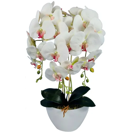 Damich Künstliche Orchidee im Topf - Elegante Inneneinrichtung - Seiden- & Kunstblumen, 60 cm hohe Orchidee mit 3 Stielen in Weiß mit rosa Herz, perfekt für Büros und Wohnzimmer, eine stilvolle Geschenkidee.