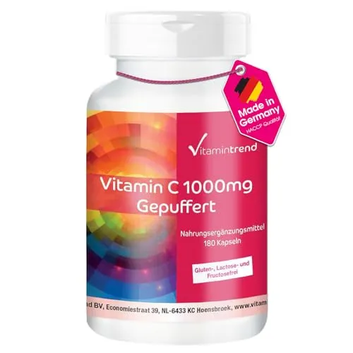 Vitamintrend Vitamin C gepuffert 1000mg, 180 Kapseln, magenschonend, Nahrungsergänzungsmittel vegan ohne Magnesiumstearat, in Deutschland hergestellt